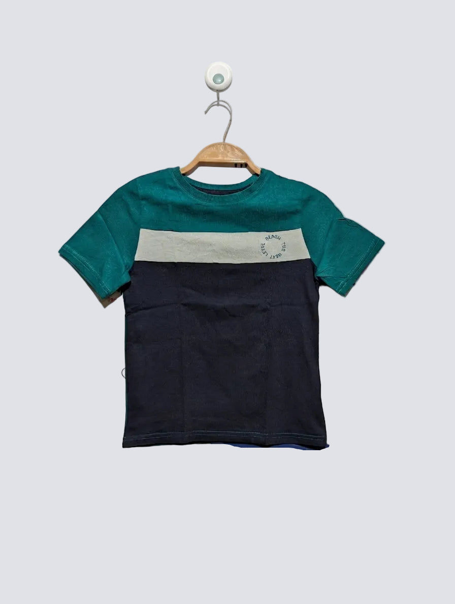 KIABI Boys Teal and Navy Colorblock "Level The Next" Short Sleeve Tee - Size 8A Estimated Age 8 Years AB3