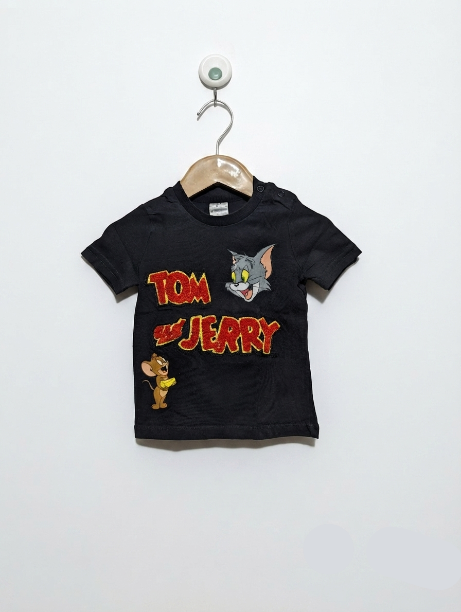 Tom and Jerry Boys Charcoal Black "Tom & Jerry" Graphic Tee - Size Estimated Age 6 to 9 Months AB2