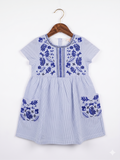 Du Pareil au Même Girls Blue Striped Embroidered Dress - Size 4 Years AB1
