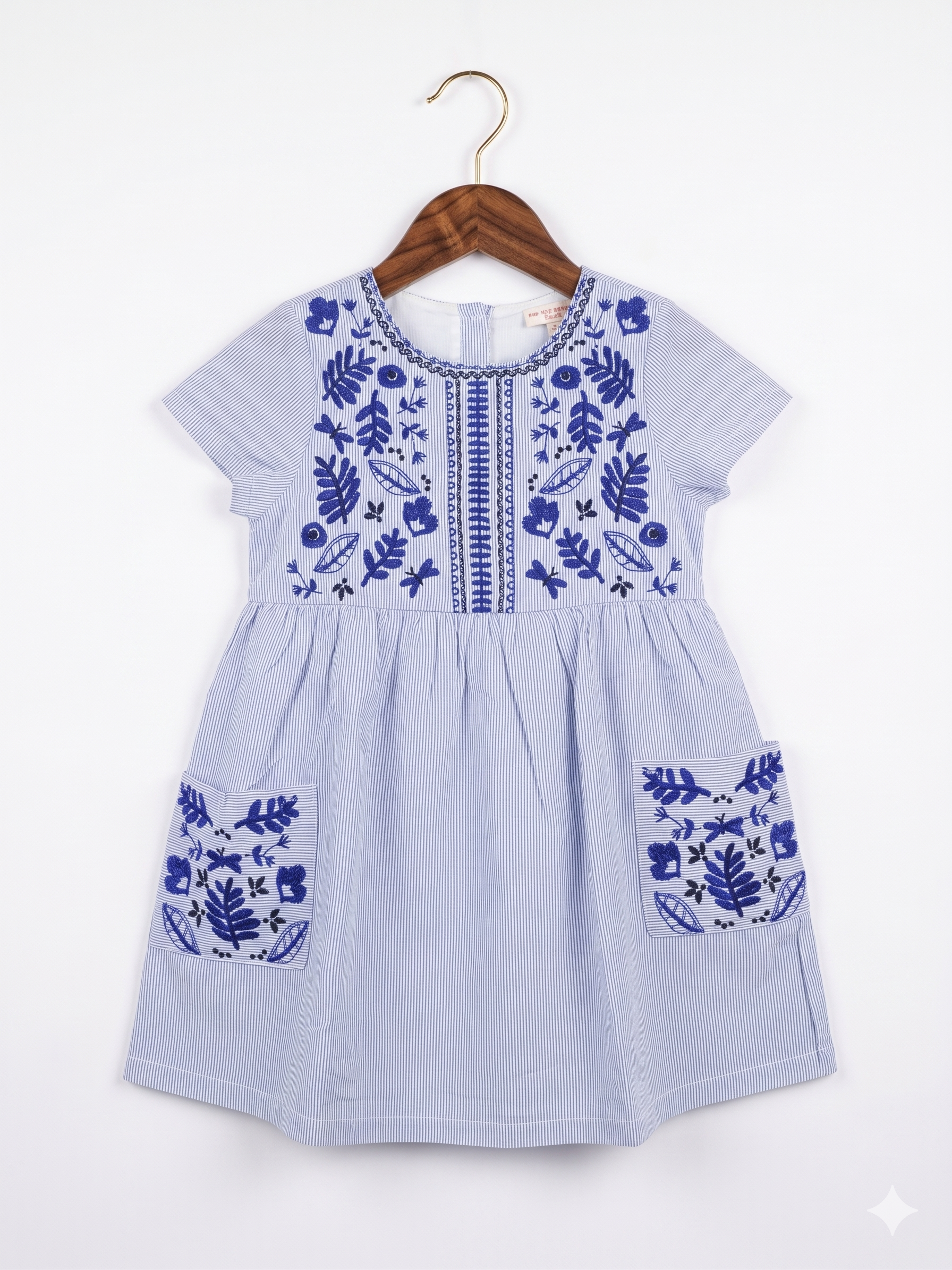 Du Pareil au Même Girls Blue Striped Embroidered Dress - Size 4 Years AB1