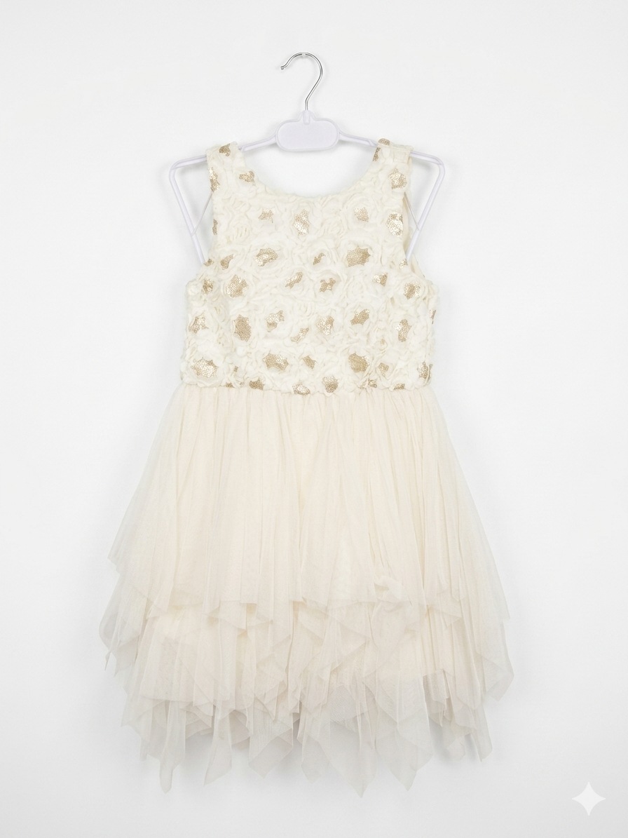 Justice Girls Cream Rosette Gold Sequin Tiered Dress - Size Estimated Age 7 Years AB1