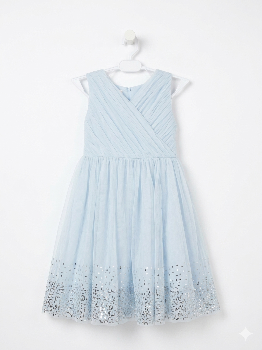 Monsoon Girls Sky Blue Pleated Tulle Sequin Party Dress - Size Estimated Age 8 Years AB1