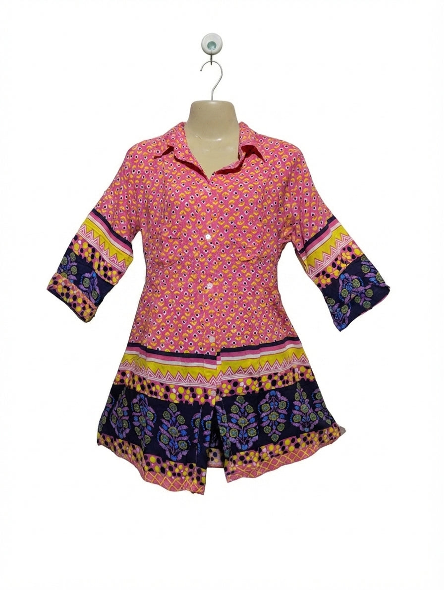 U Again Girls Pink & Navy Blue Floral Block-Print Shirt Dress - Size 9 Years Estimated Age 9 Years AB2