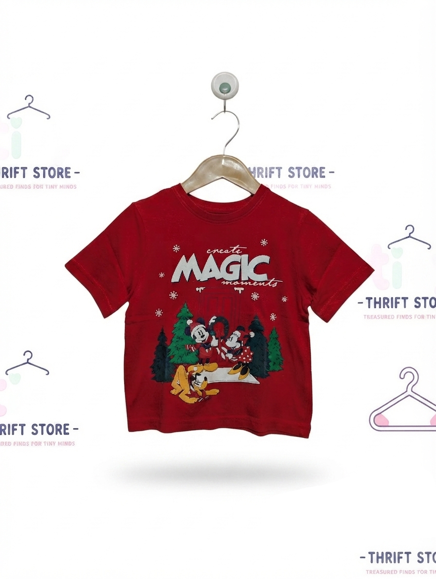 Disney Mickey & Friends at Primark Boys Red "Create Magic Moments" Holiday Tee - Size Estimated Age 3-4 Years AB2