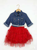 Lilt Girls' Denim & Red Glitter Tulle Tiered Dress - Size 6/6X AB1