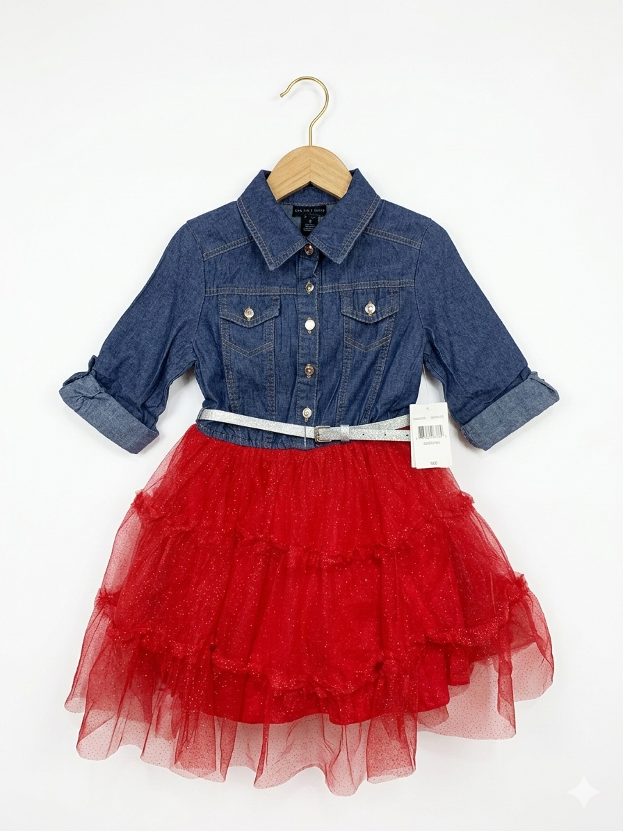 Lilt Girls' Denim & Red Glitter Tulle Tiered Dress - Size 6/6X AB1