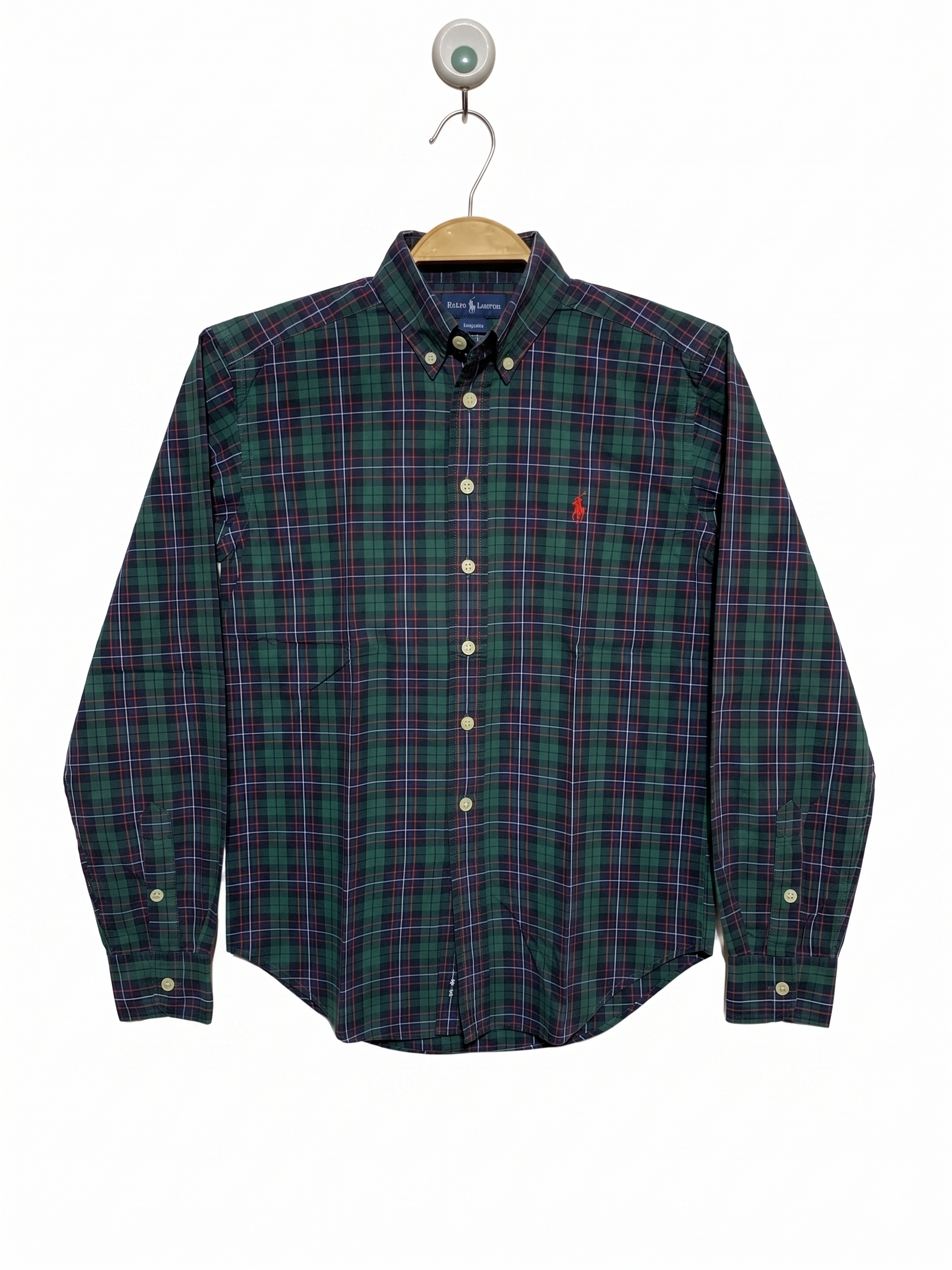 Ralph Lauren Boys Green and Navy Plaid Long Sleeve Button-Down Shirt - Size Estimated Age 8-10 Years AB1