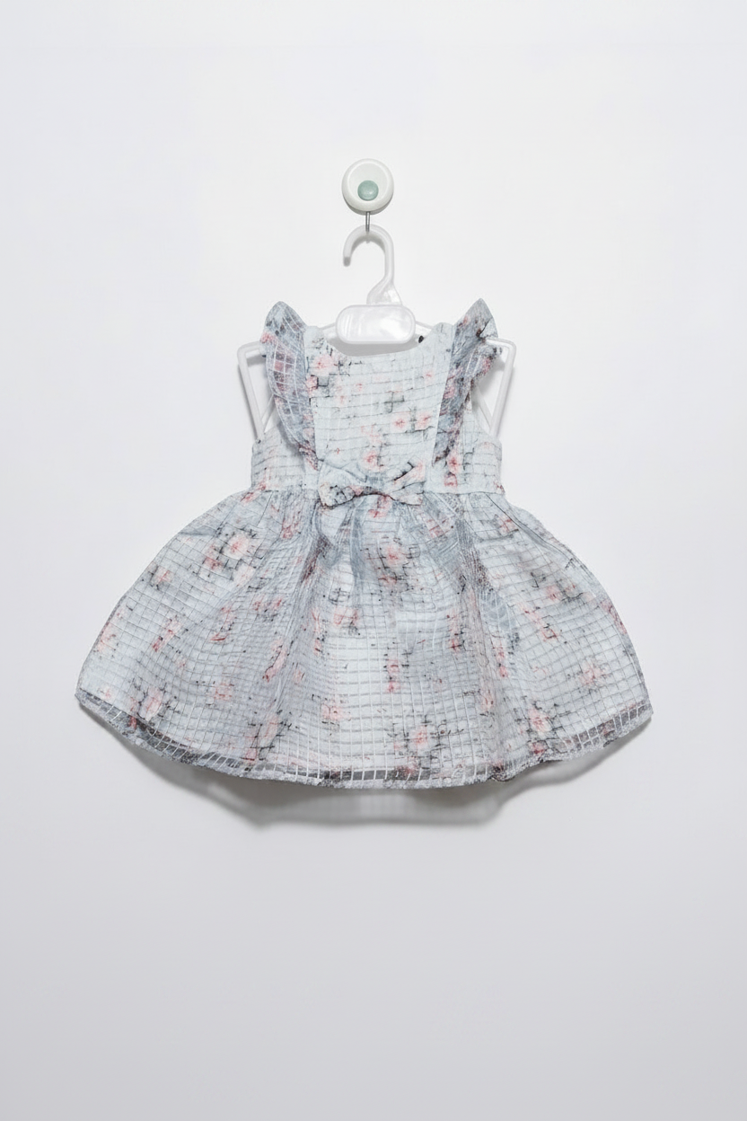 Mia & Mimi Baby Girls Light Blue Floral Grid Ruffle Dress - Size Estimated Age 6-9 Months AB2