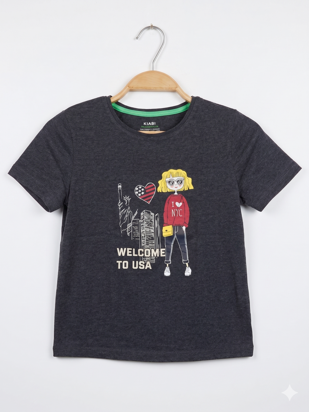 Kiabi Girls Charcoal Grey "Welcome to USA" Organic Cotton Graphic Tee - Size Estimated Age 8 Years AB1