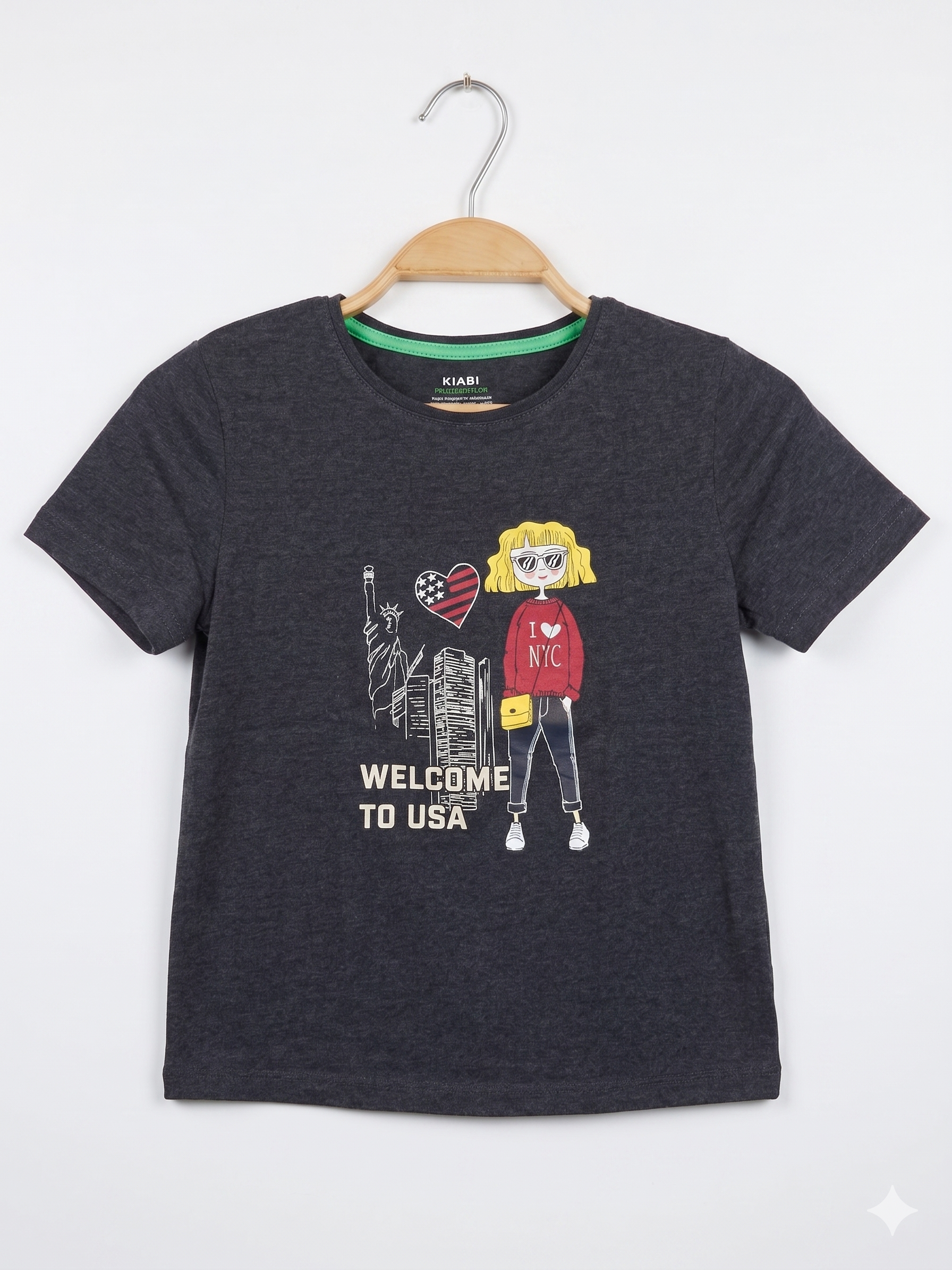 Kiabi Girls Charcoal Grey "Welcome to USA" Organic Cotton Graphic Tee - Size Estimated Age 8 Years AB1