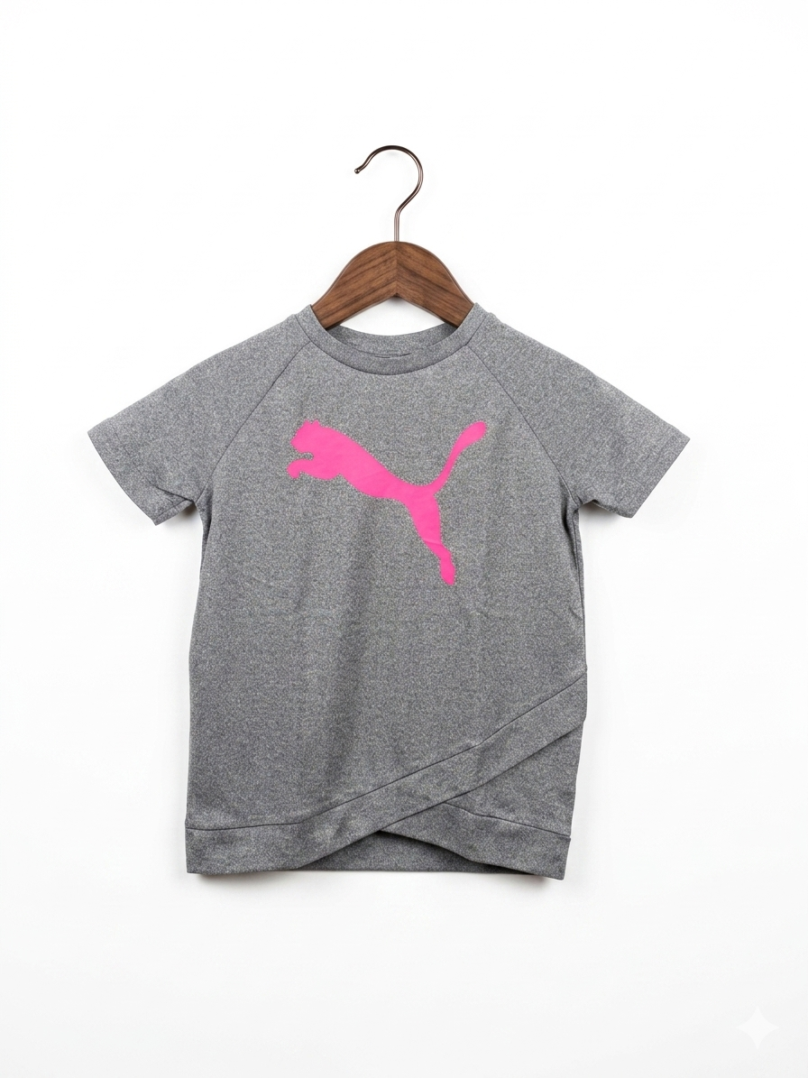 Puma Kids Heather Grey Performance Tee with Neon Pink Logo - Size 6 AB1