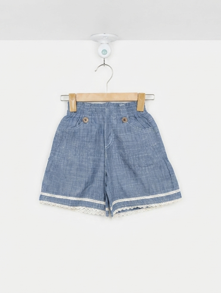 Girls Blue Chambray "Lace Trim" Shorts - Size 120 CM Estimated Age 6-7 Years AB2