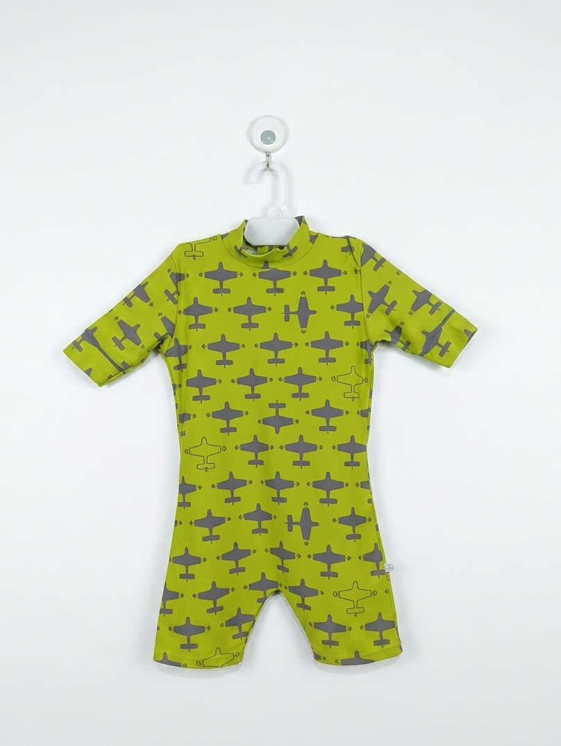 Boys Olive Green "Airplane Print" One-Piece Swimsuit - Size Estimated Age 4-6 Years AB1