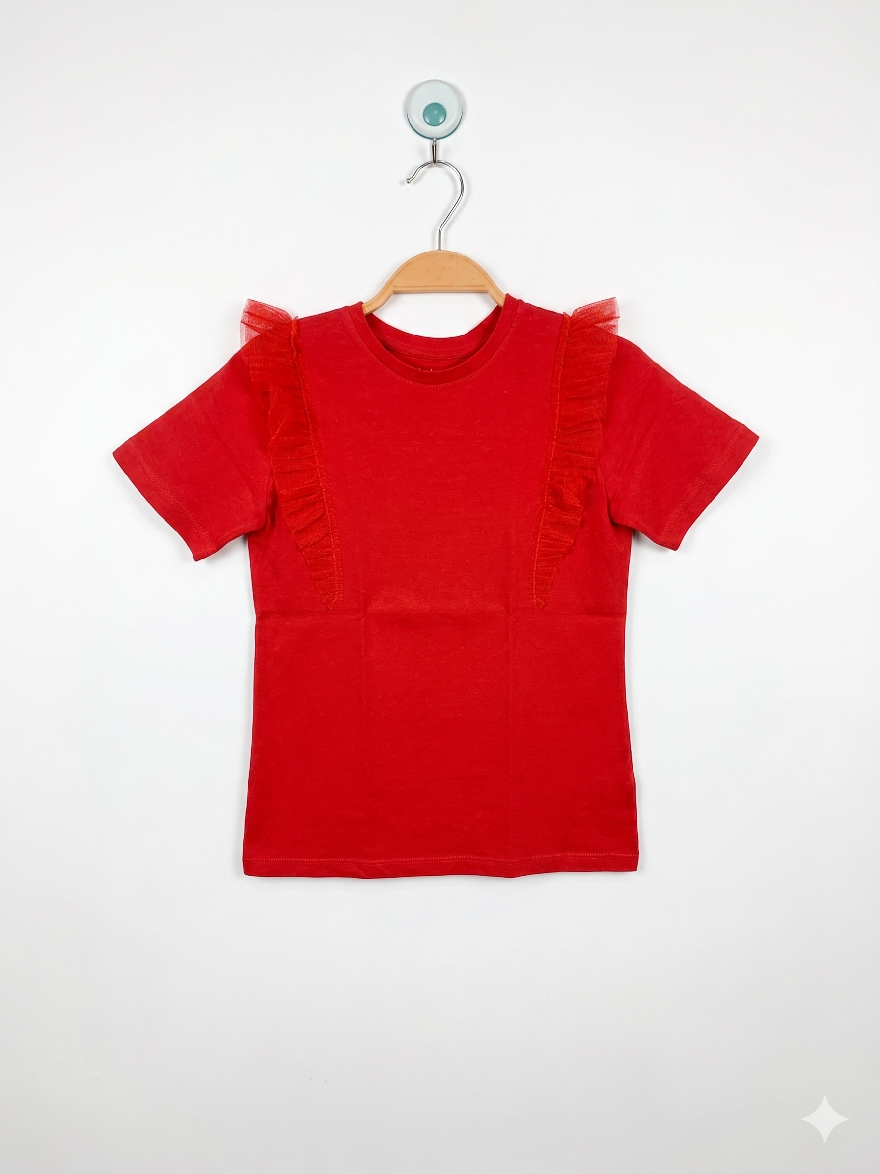 Nutmeg Girls Vibrant Red Mesh Frill Sleeve Tee - Size 9-10 Years (Height 134-140cm) AB1