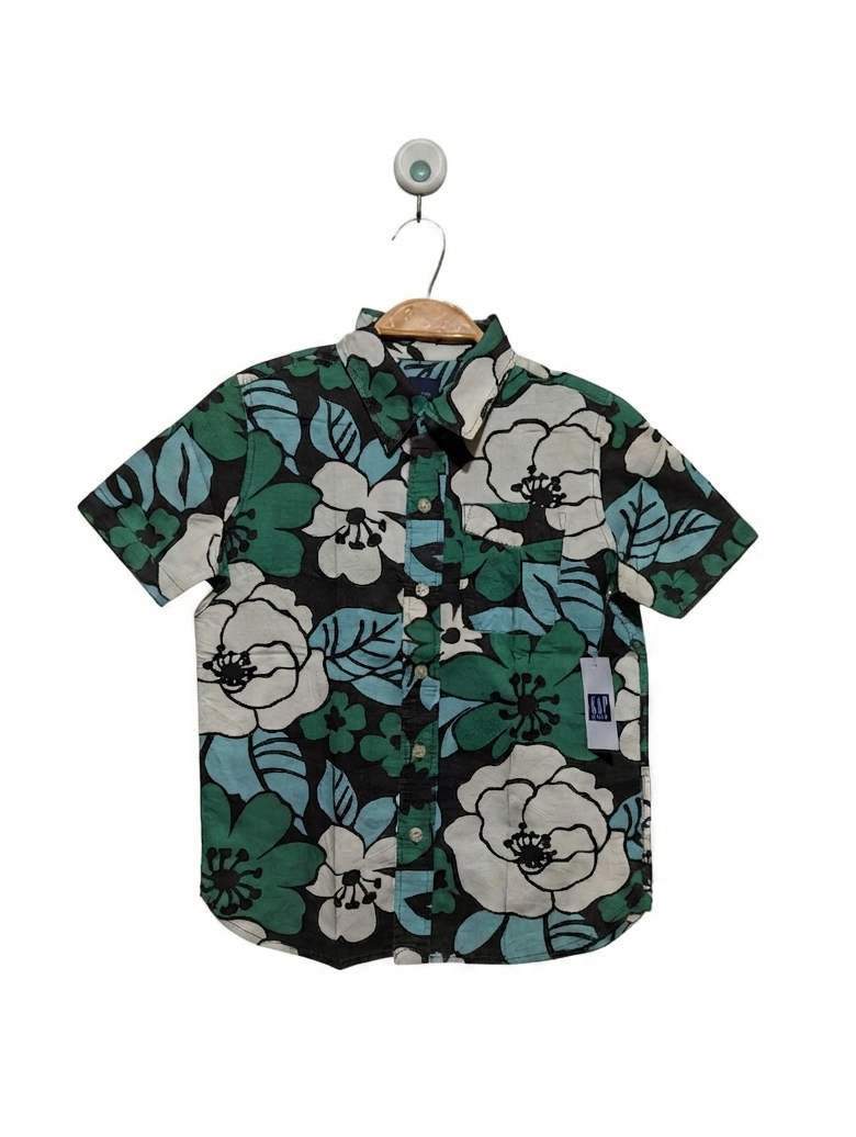 GAP KIDS Boys Black and Green Floral Print Short Sleeve Button-Down Shirt - Size S (6-7), Estimated Age 6-7 Years AB2