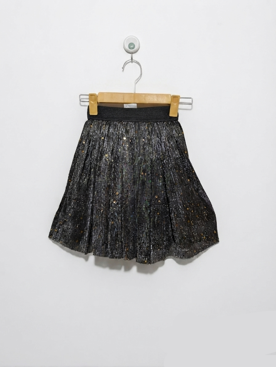 Girls Metallic Black "Sparkle Pleated" Skater Skirt - Size 122/128 (Estimated Age 7-8 Years) AB2