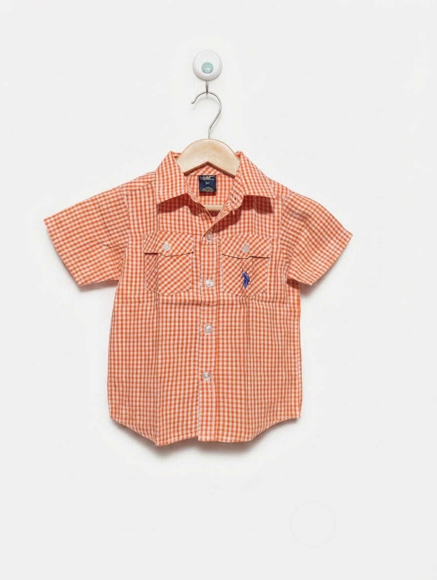 U.S. Polo Assn. Boys Orange & White Gingham Short-Sleeve Button-Down Shirt - Size Estimated Age 2T AB2