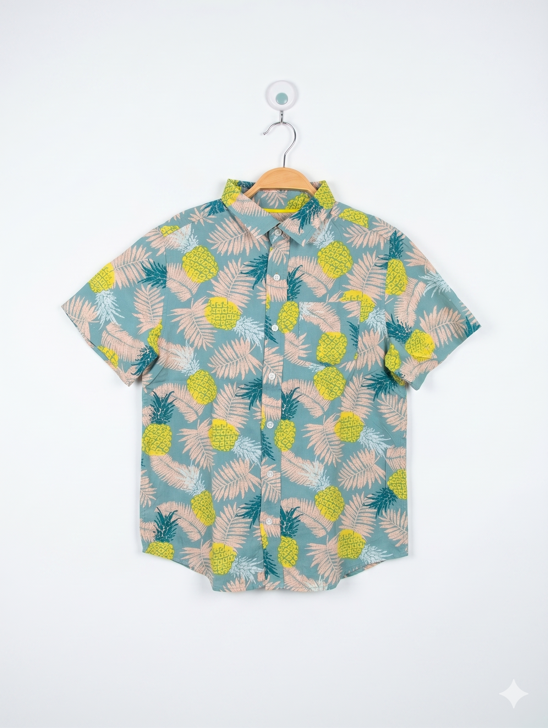 Cat & Jack Boys Teal Pineapple & Tropical Palm Leaf Print Short Sleeve Button-Down Shirt - Size Estimated Age 12-14 Years L (12/14) AB1