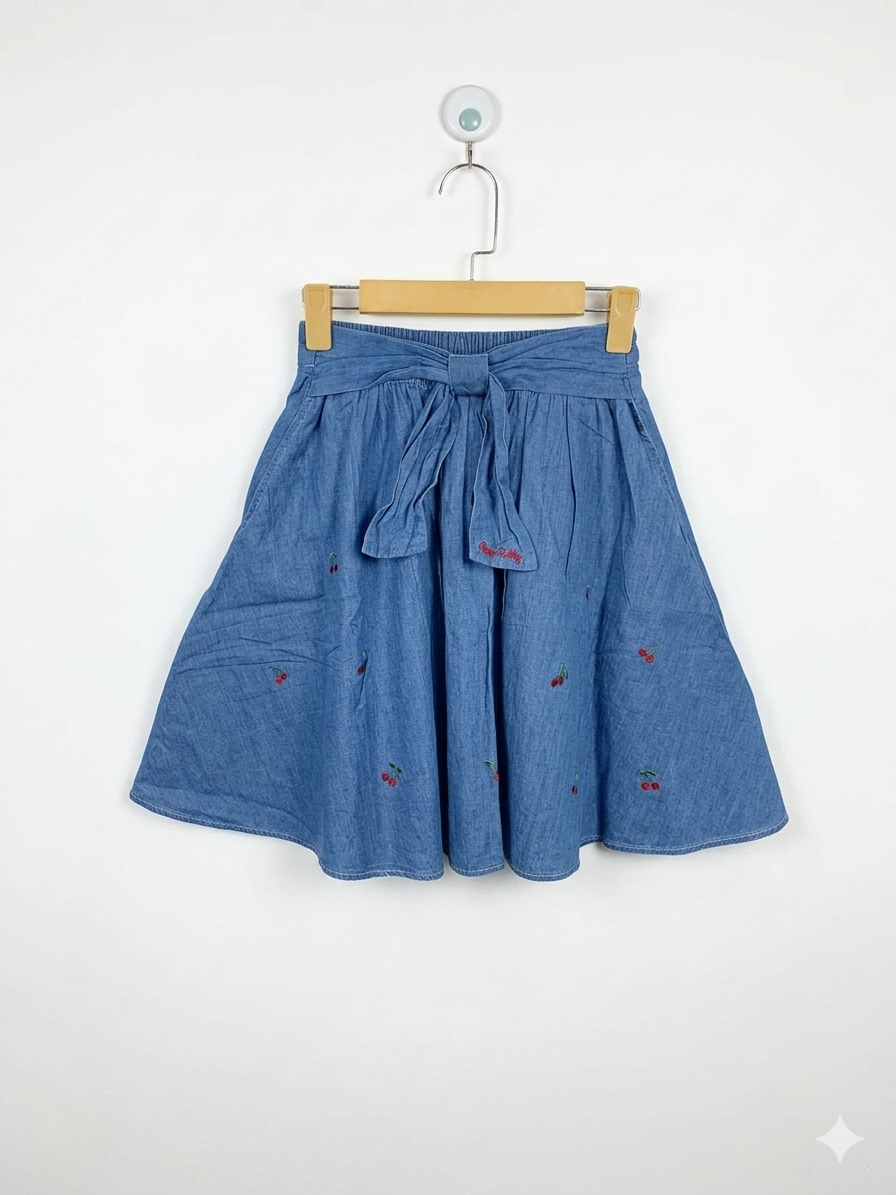 Love Toxic Girls Blue Denim A-Line Skirt with Cherry Embroidery & Bow Tie - Size Estimated Age 12 Years AB1