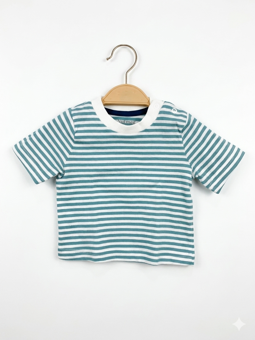 Nutmeg Baby Boy Striped Cotton Tee - Teal/White, Size 6-9 Months AB1