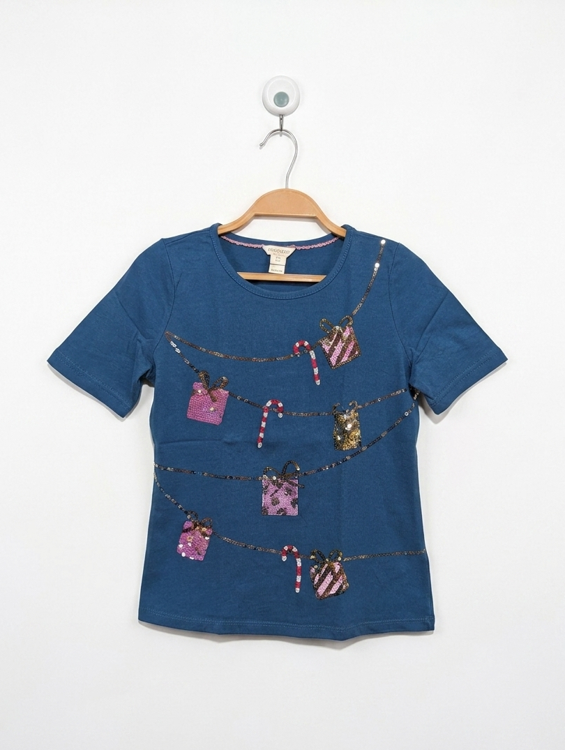 Monsoon Girls Blue "Sequin Gift" Holiday Graphic Tee - Size Estimated Age 11-12 Years AB2