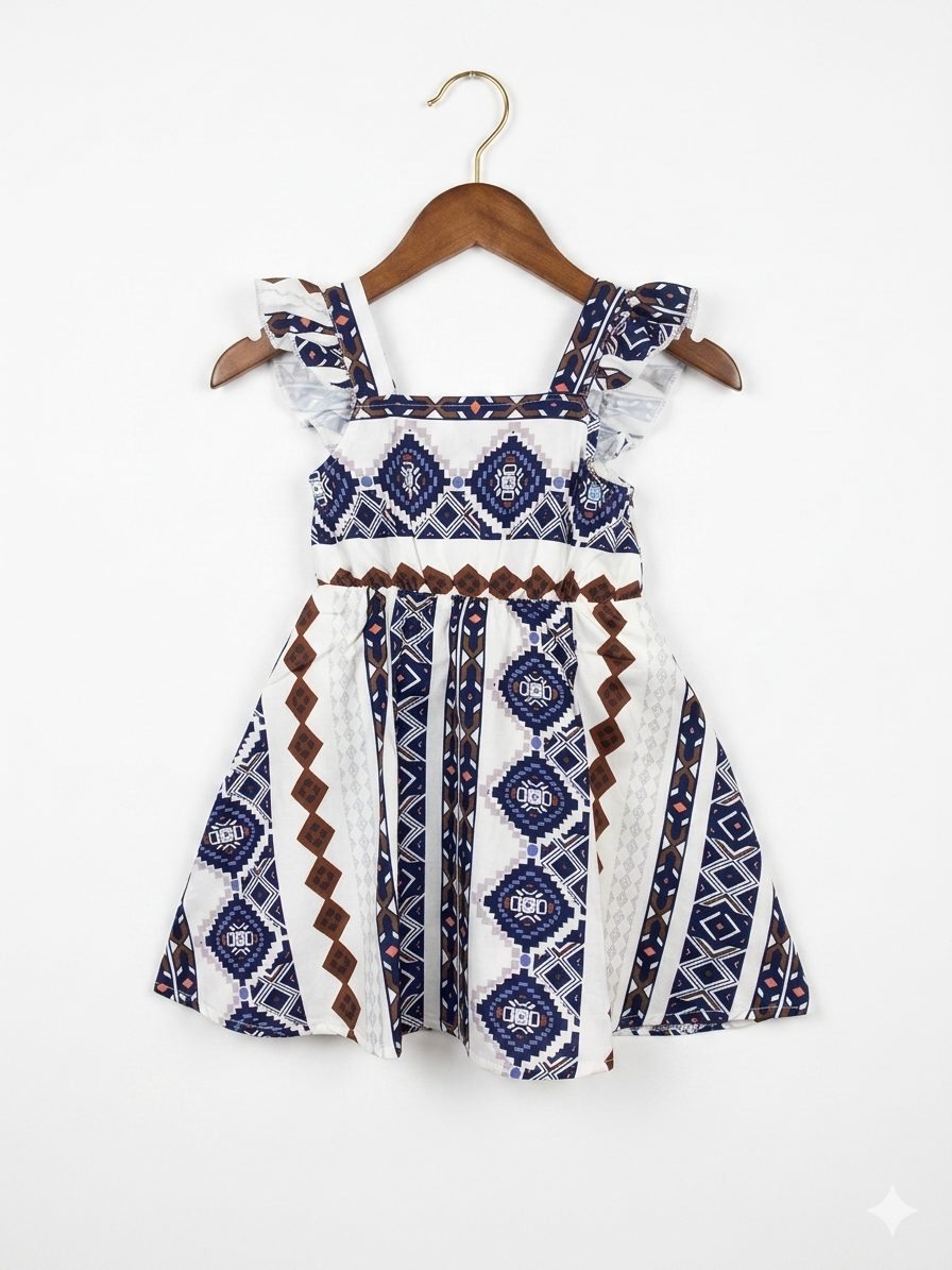 Girls' Blue and Brown Tribal Geometric Print Ruffle Dress Estimated Age: 4–5 Years AB1