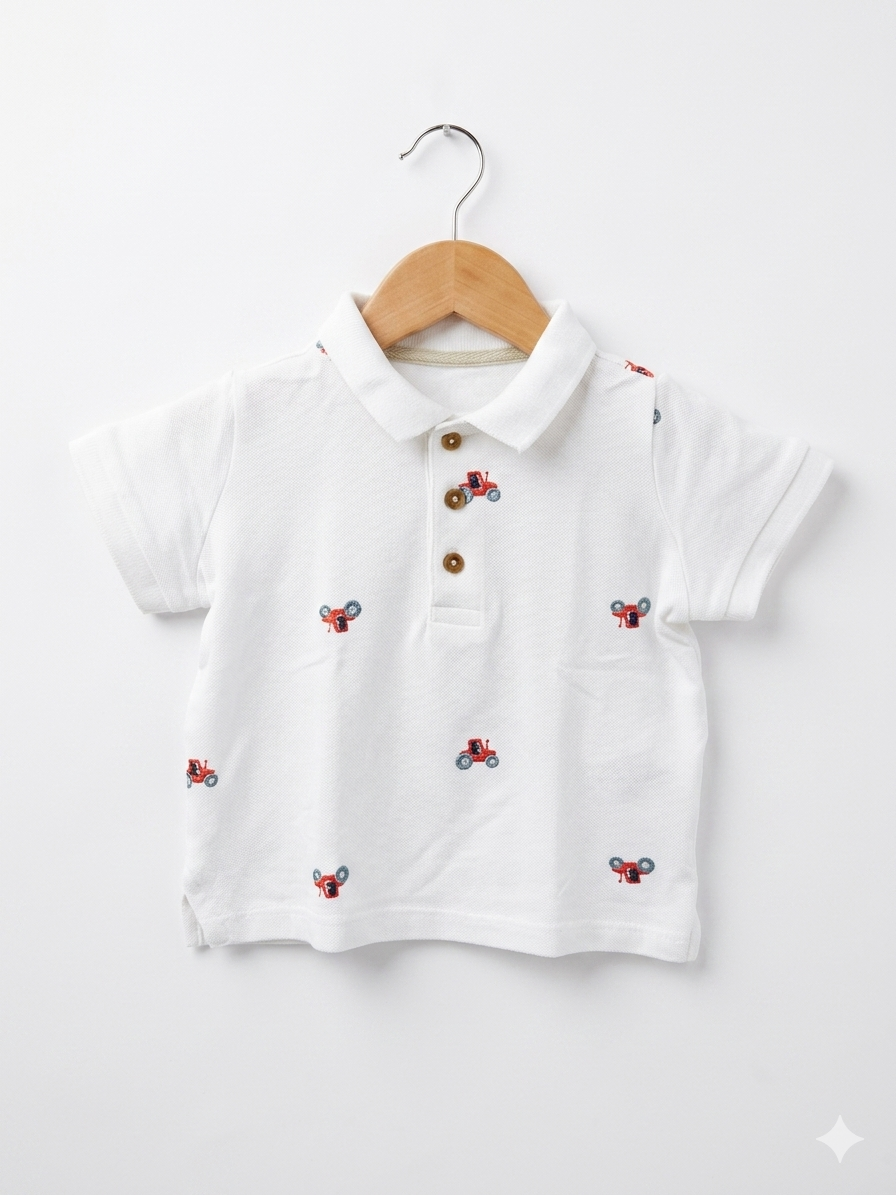 Baby Boy White Pique Polo with Tractor Embroidery - Size 68 (3-6M) AB1