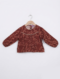 P'tit Môme Girls Rust Red Floral Print Long Sleeve Blouse - Size 12M Estimated Age 2 to 3 Year AB2