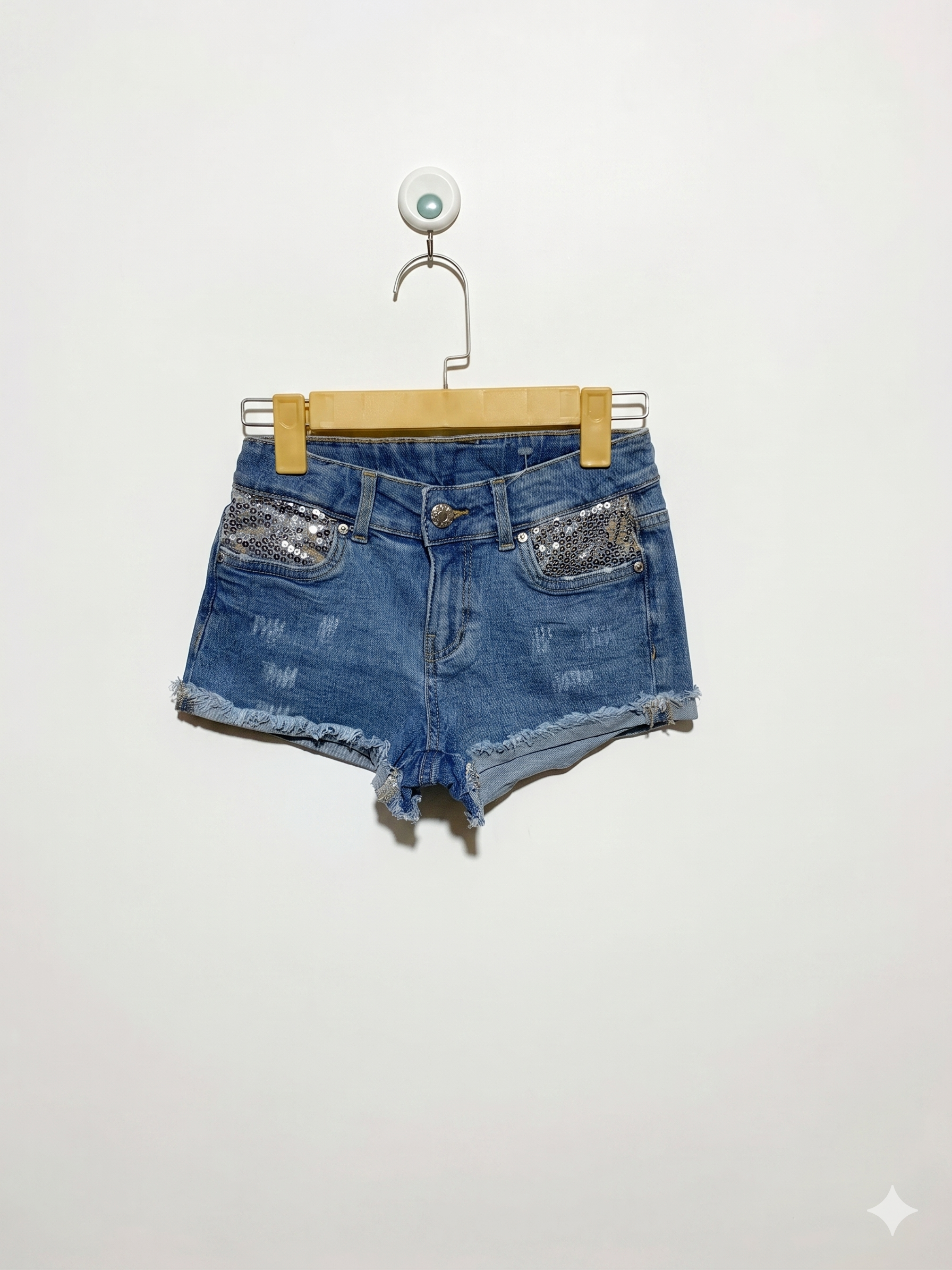 TITLE: Y.F.K. Girls Denim Sequined Frayed Shorts – Size 10-11 Years (146 cm) AB1