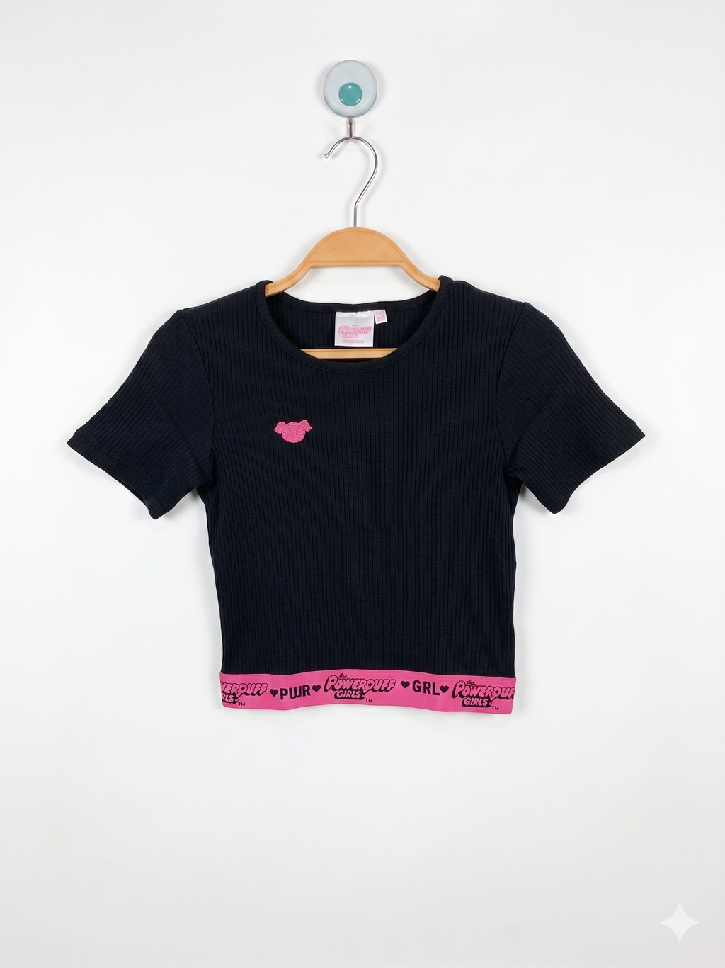 Official Powerpuff Girls Ribbed Knit Black Crop Top with Pink Elastic Hem – Size 134/140 (Estimated Age 9-10 Years) Girls AB1