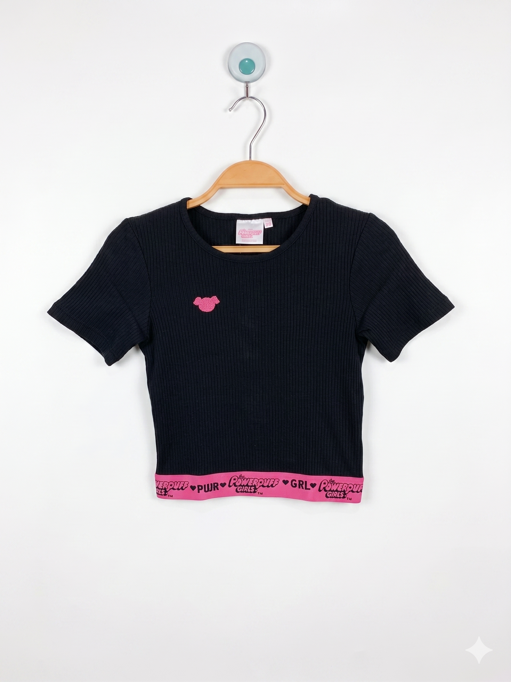 Official Powerpuff Girls Ribbed Knit Black Crop Top with Pink Elastic Hem – Size 134/140 (Estimated Age 9-10 Years) Girls AB1