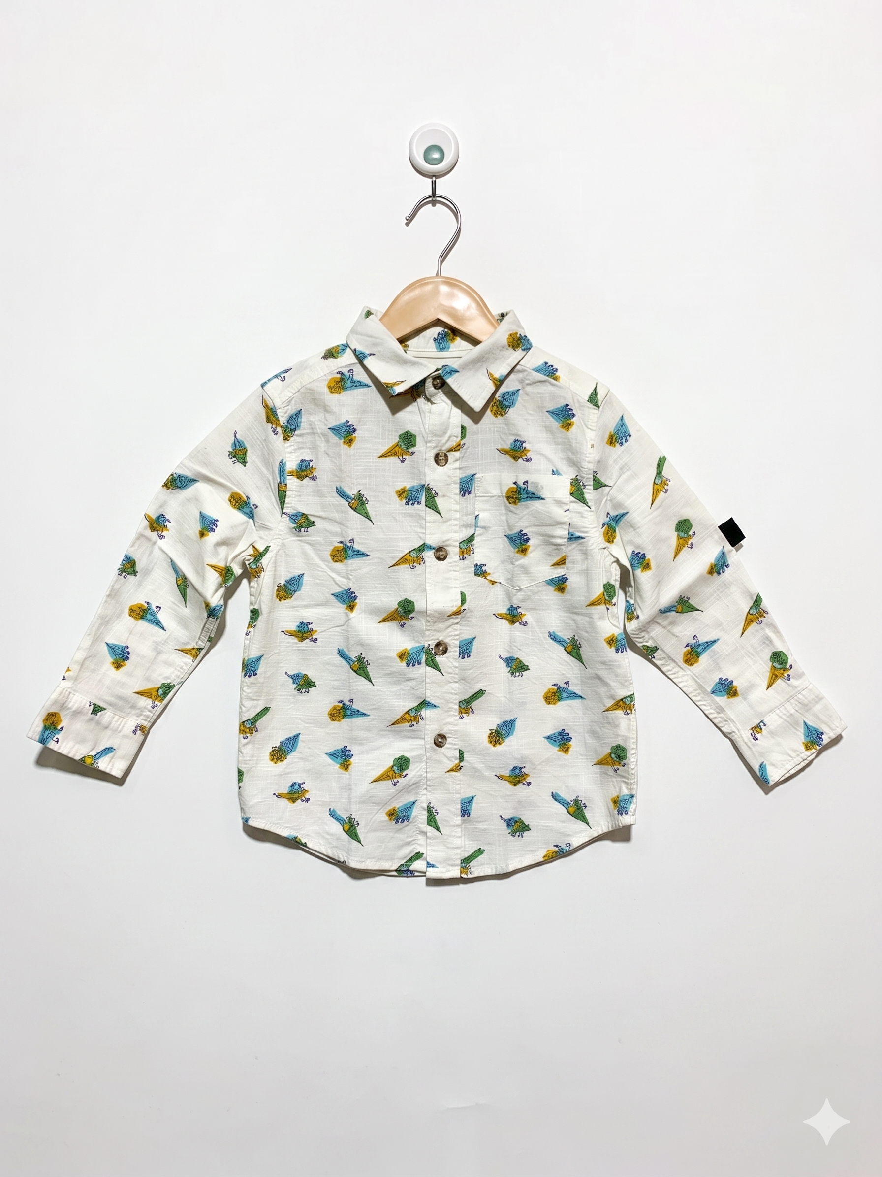 Cat & Jack Boys Dinosaur Pizza & Ice Cream Graphic Button-Down Shirt - Size XS (4/5) AB1