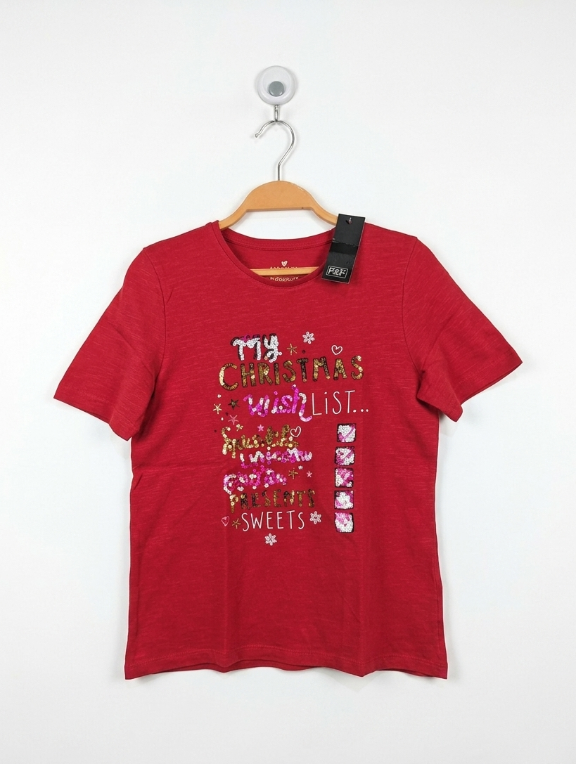 F&F Girls Red "Christmas Wish List" Graphic Tee - Size Estimated Age 10-11 Years AB2