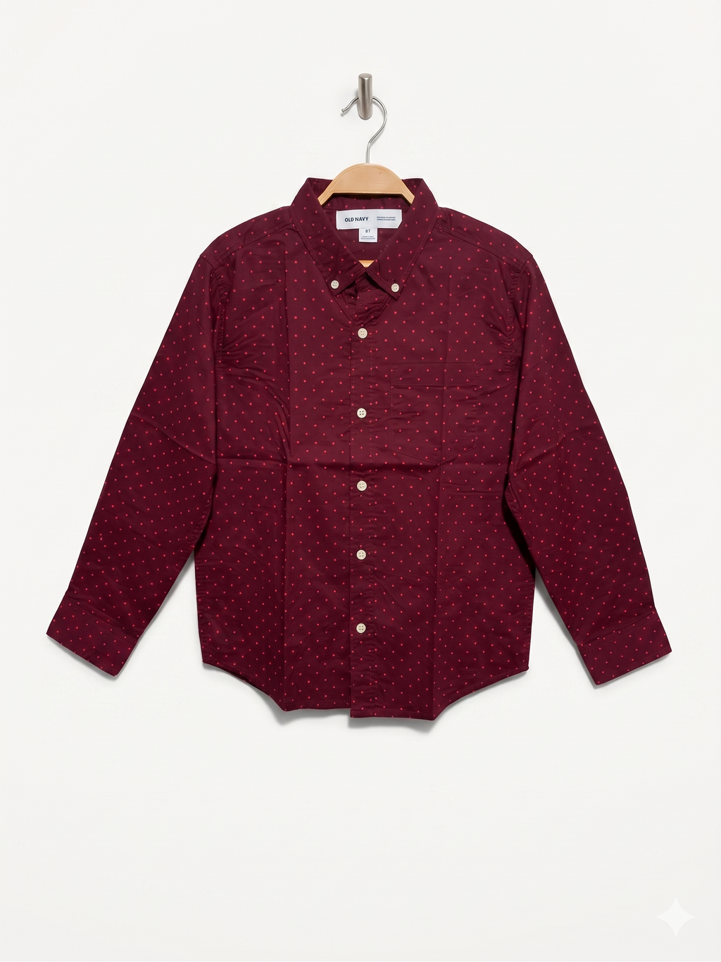 Old Navy Boys Maroon Polka Dot "Built-In Flex" Long Sleeve Button-Down Shirt - Size Estimated Age 10-12Y AB1