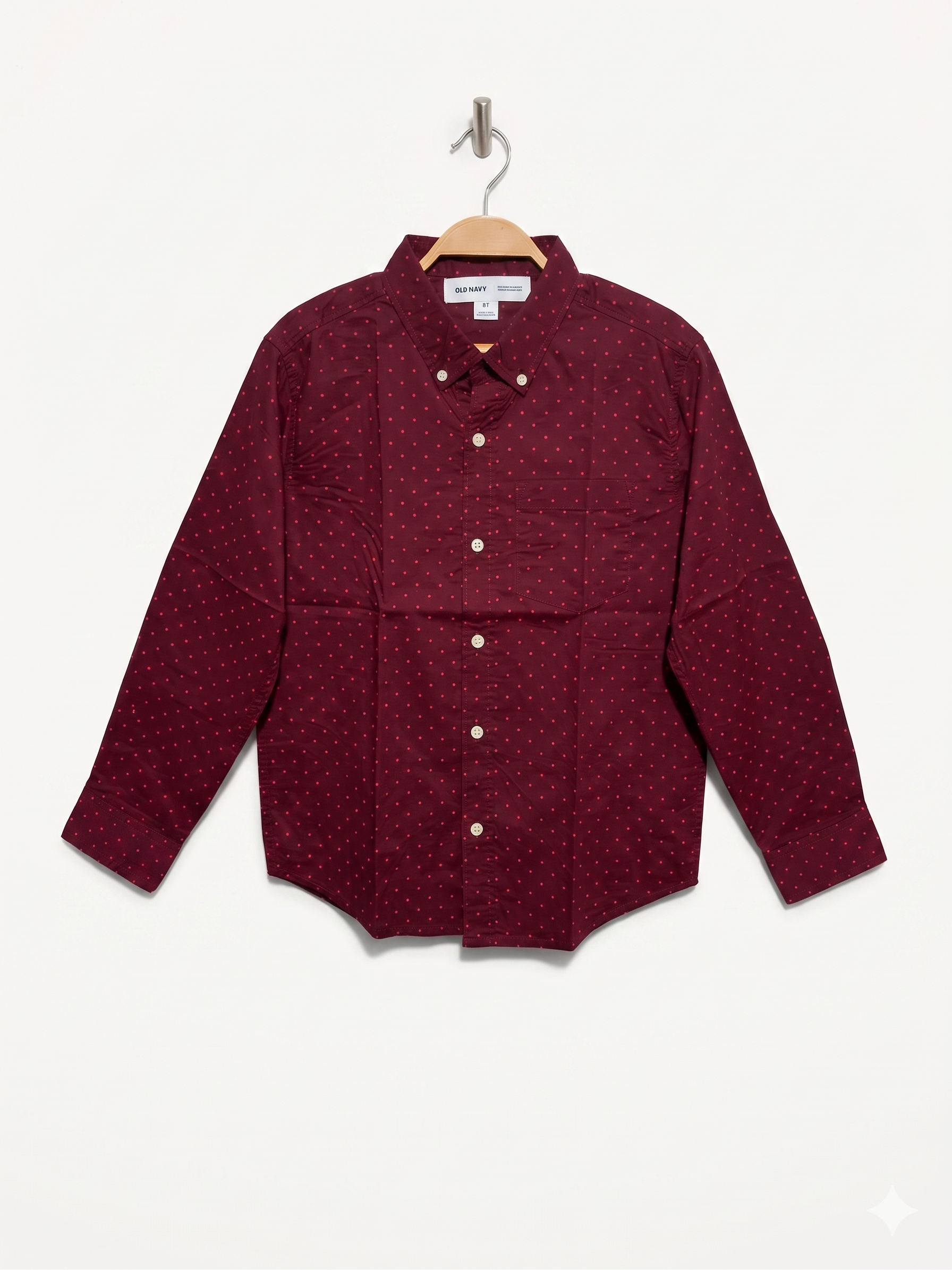 Old Navy Boys Maroon Polka Dot "Built-In Flex" Long Sleeve Button-Down Shirt - Size Estimated Age 10-12Y AB1