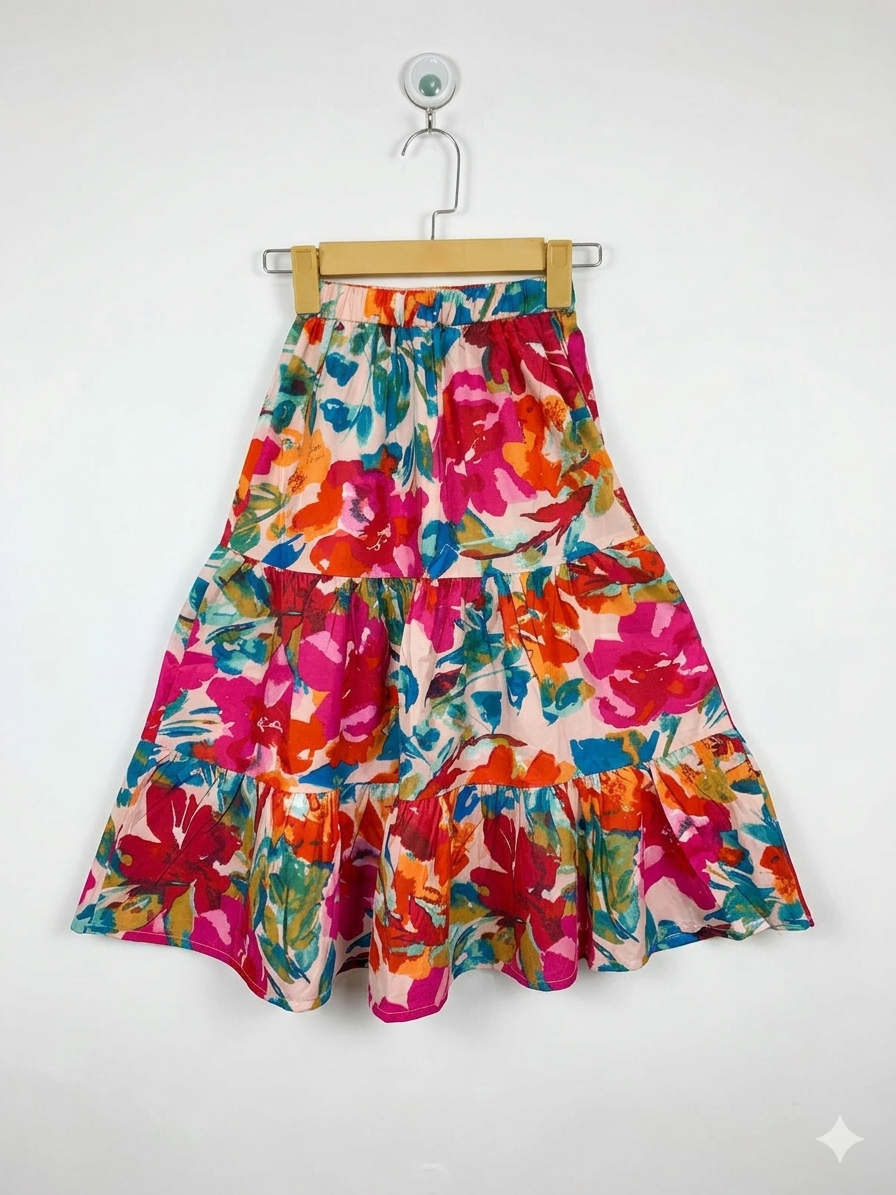 SHEIN Girls Vibrant Multi-Color Floral Tiered Maxi Skirt - Size Estimated Age 7 Years AB1