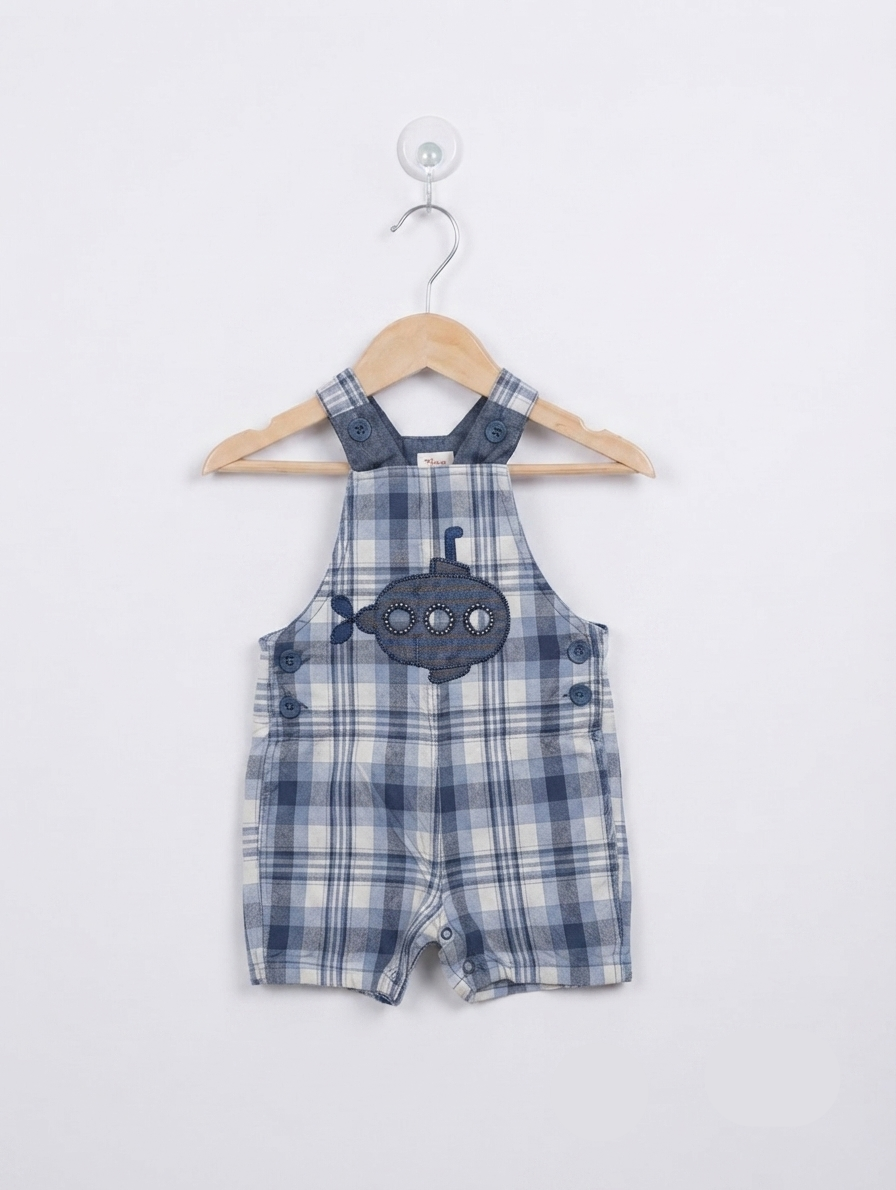 Baby Boys Blue and White Plaid Submarine Graphic Dungaree Overalls - Size Estimated Age 6 Months AB2