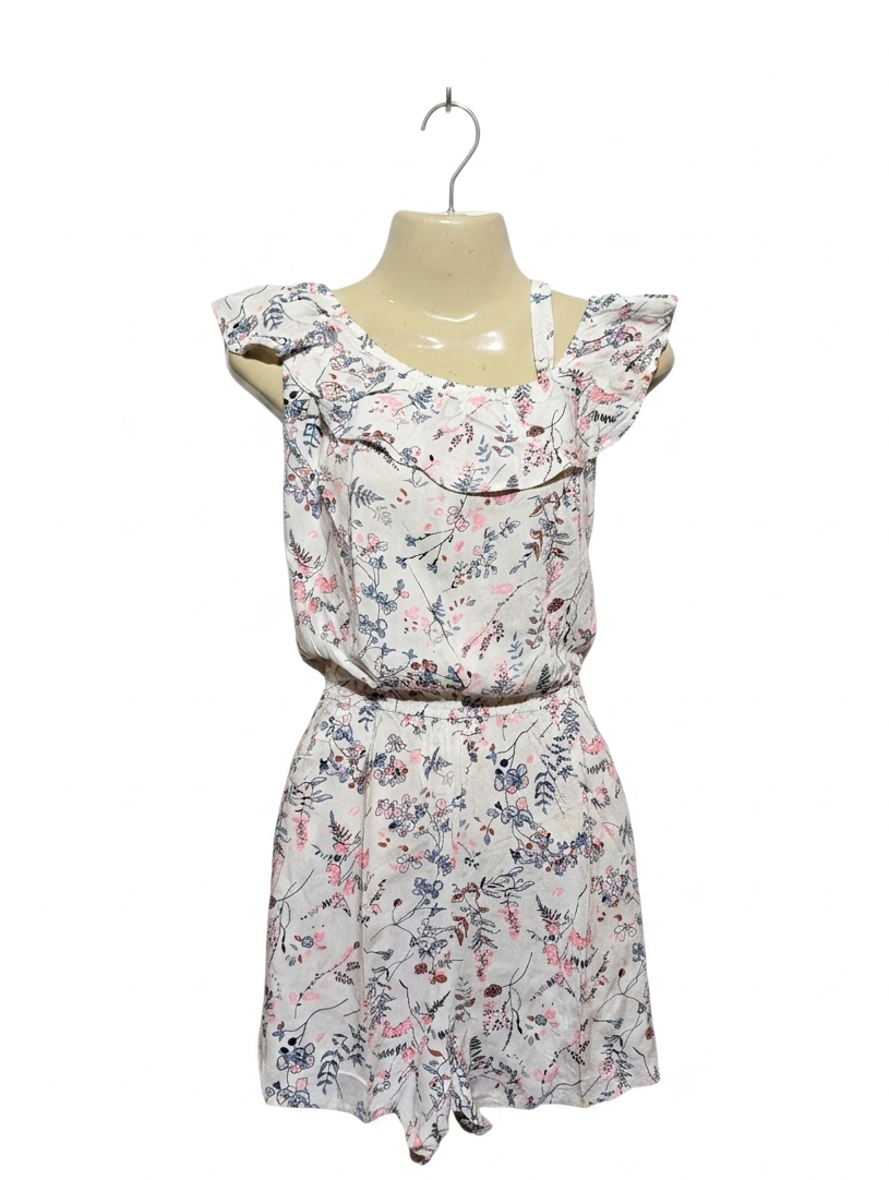 H&M Girls White Whimsical Wildflower & Woodland Print Ruffled Jumpsuit- Size 152 (Estimated Age 11-12 Years) AB1