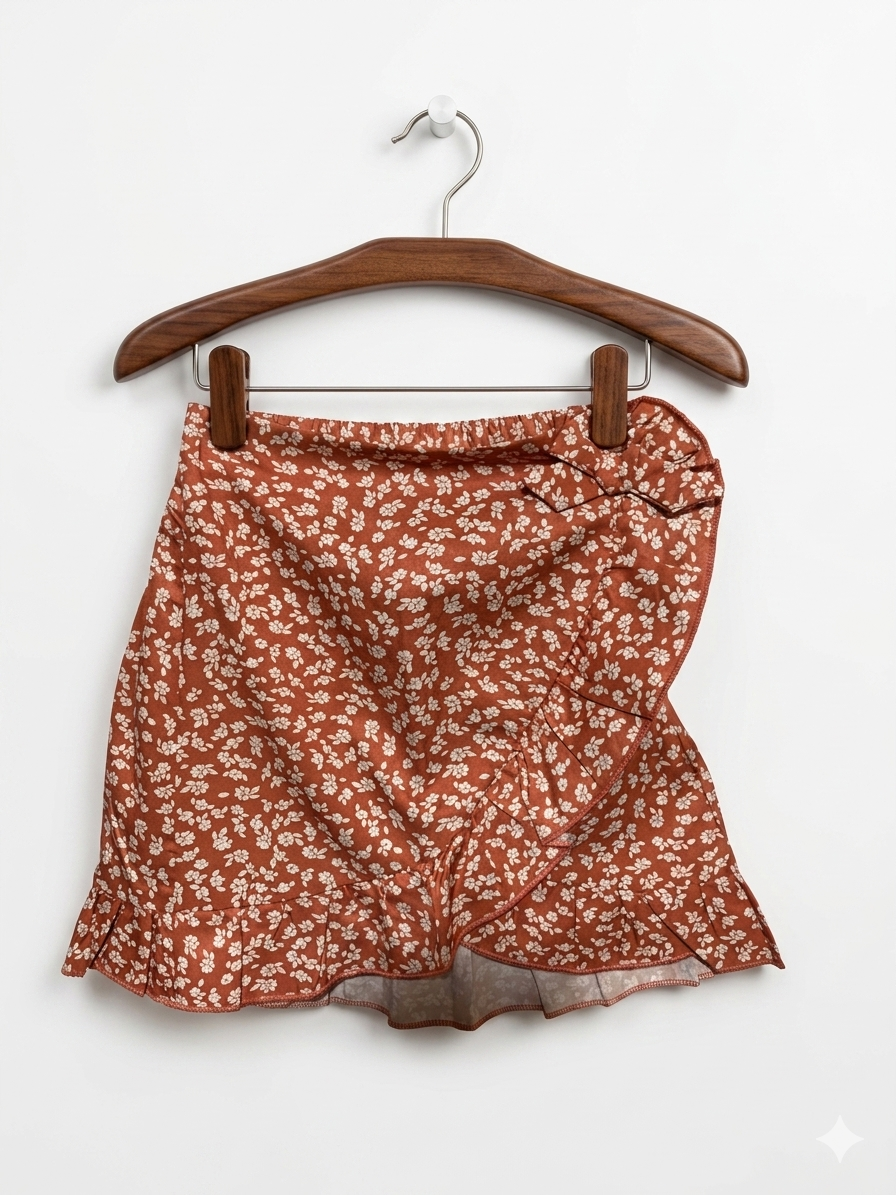 Girls' Rust Floral Faux-Wrap Ruffle Skirt - Size 4-5 Years AB1