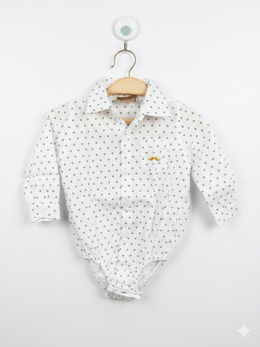 Little Gent White Geometric Print Long Sleeve Button-Down Bodysuit Shirt Size: 6–12 Months AB1