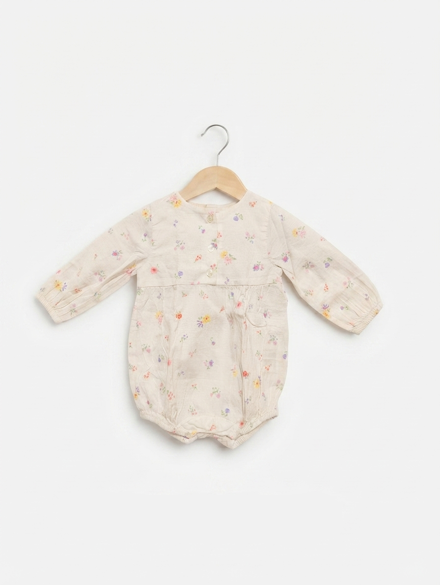 H&M Baby Girls Off-White Floral Long-Sleeve Bubble Romper - Size 74 CM Estimated Age 6-9 Months AB2