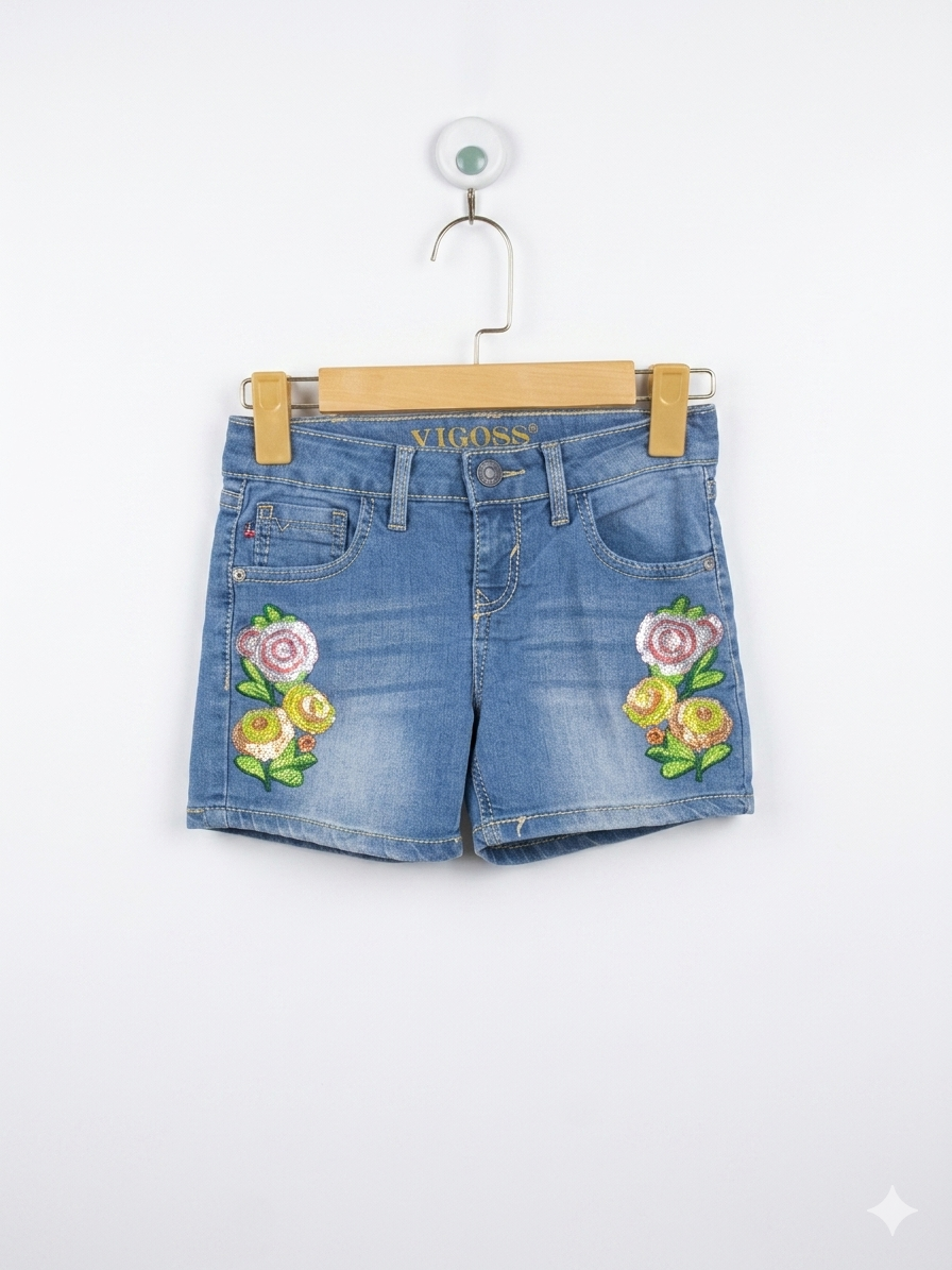 Vigoss Girls Medium Wash Floral Sequin Embroidered Denim Shorts - Size Estimated Age 8 Years AB1