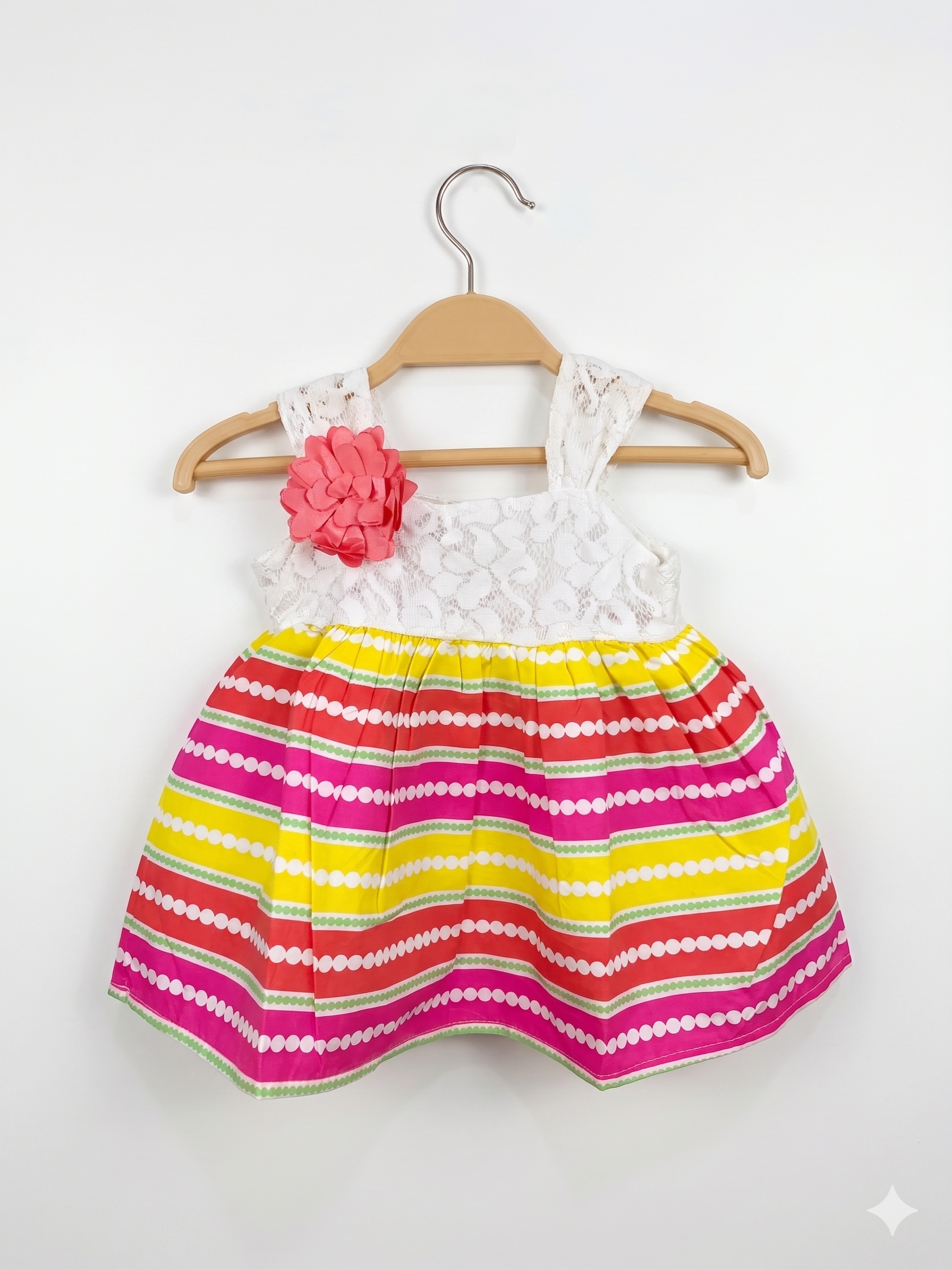 Real Love Baby Girls Floral Lace Bodice & Multi-Color Striped Party Dress - Size 3/6M AB1