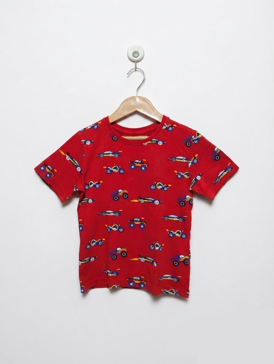 Primark Boys Red "Racing Car & Monster Truck" Graphic Tee - Size 116 CM (Estimated Age 5-6 Years) AB2