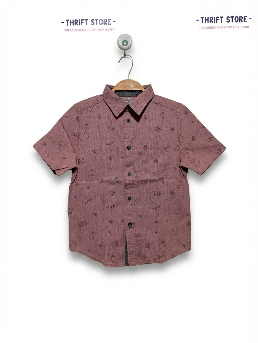 WONDER NATION Boys Red/Rust Wilderness Print Short Sleeve Button-Down Shirt - Size S (6-7), Estimated Age 6-7 Years AB2