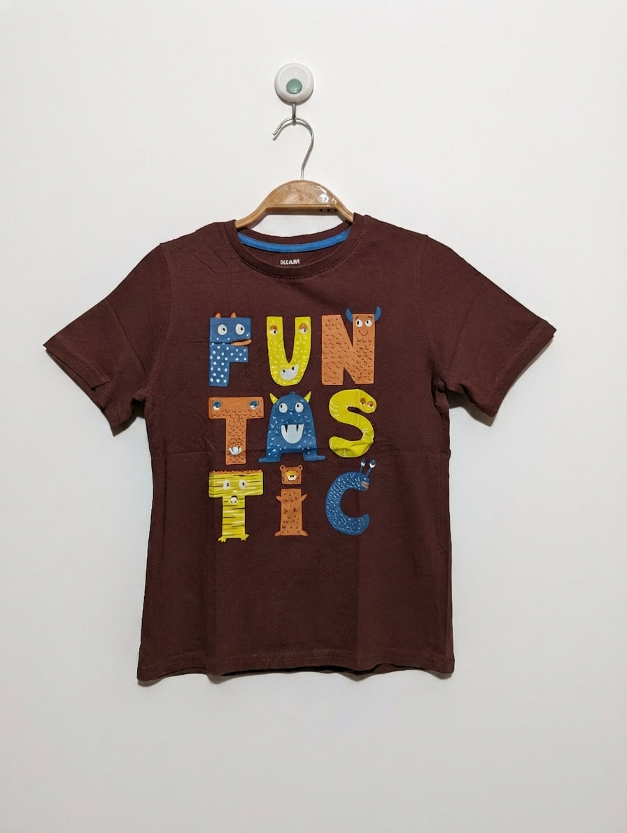 Kiabi Boys Brown "Funtastic" Monster Graphic T-Shirt - Size Estimated Age 10 Years AB2