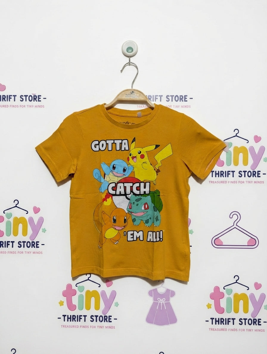 Pokémon Boys Mustard Yellow "Gotta Catch 'Em All" Graphic Short Sleeve Tee - Size Estimated Age 7 Years AB2