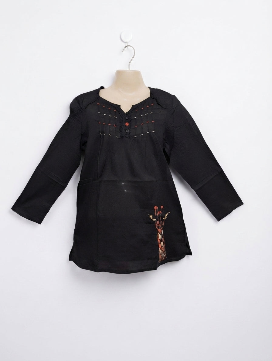 Girls Black Giraffe Print Long Sleeve Tunics - Size 140 Estimated Age 9-10 Years AB2