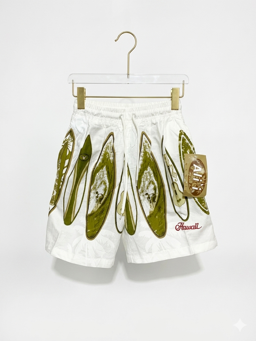 Ali'i Hawaii Kids' White Surfboard Print Cotton Shorts - Size S AB1