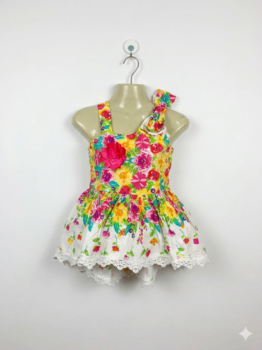 Bonnie Jean Girls Vibrant Multi-Color Floral Lace-Trimmed Party Dress - Size Estimated Age 7 Years AB1